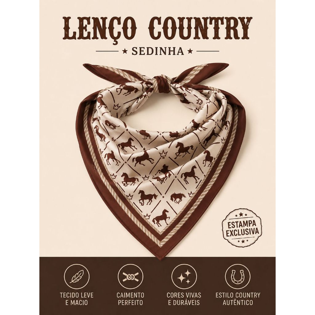 Lenço Feminino Para Pescoço Country Western Sedinha 70x70cm Estampado bandana Com Corte a Laser