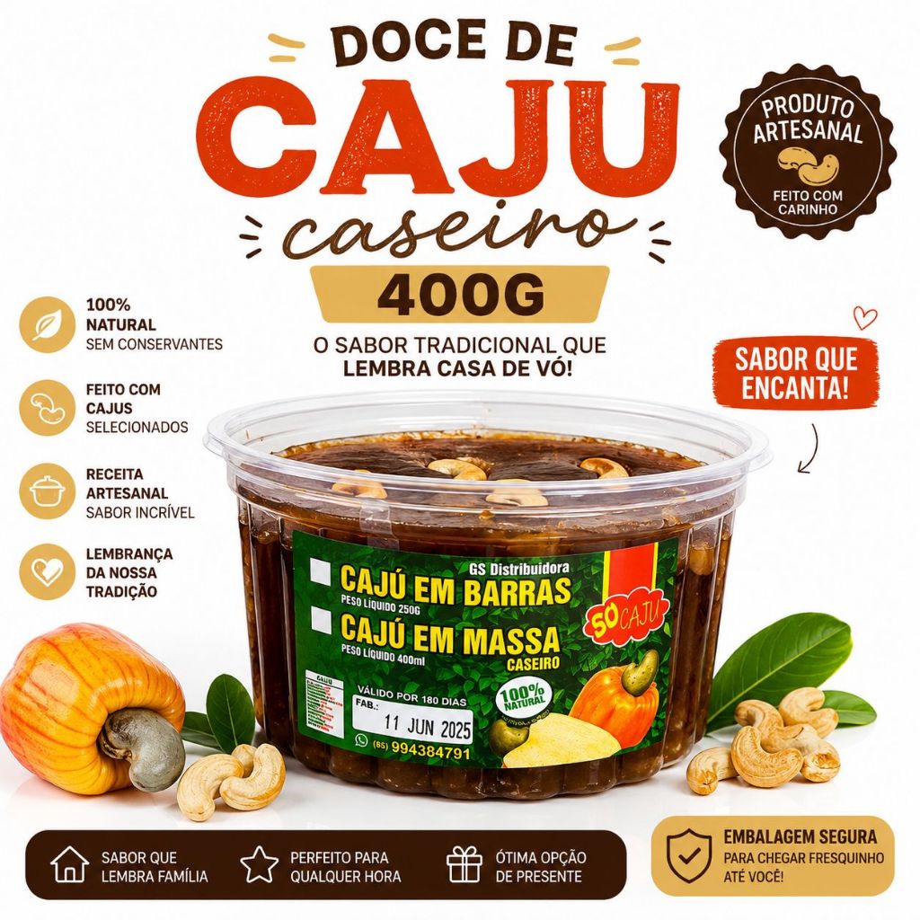 Doce de Caju Caseiro 400g Artesanal Natural Receita Tradicional Nordestina
