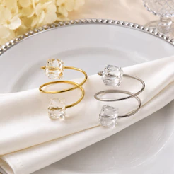 Kit 6 ou 12 Anéis de Guardanapo Dourado e Prata Cristal Transparente Mesa Posta Luxo