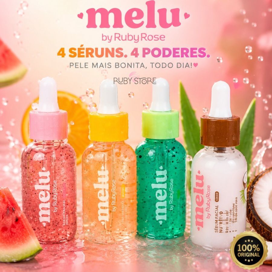Sérum Facial Melu Ruby Rose 30ml – Melancia, Coco, Kiwi e Pêssego | Detox e Antioxidante