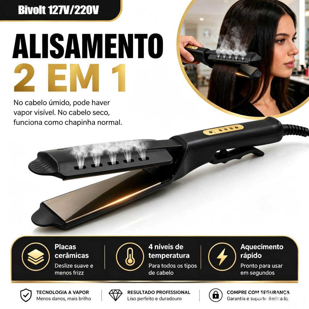 Chapinha Alisadora Profissional Cerâmica Bivolt 127/220V 4 Níveis Temperatura Anti Frizz Cabelo Liso Perfeito Salão Casa