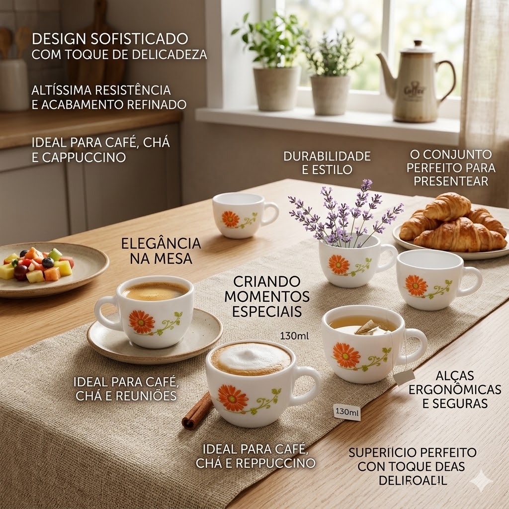 Jogo 6 Xícaras Chá Café Livid Lilac 130ml Branca Vidro Mesa posta Café da tarde