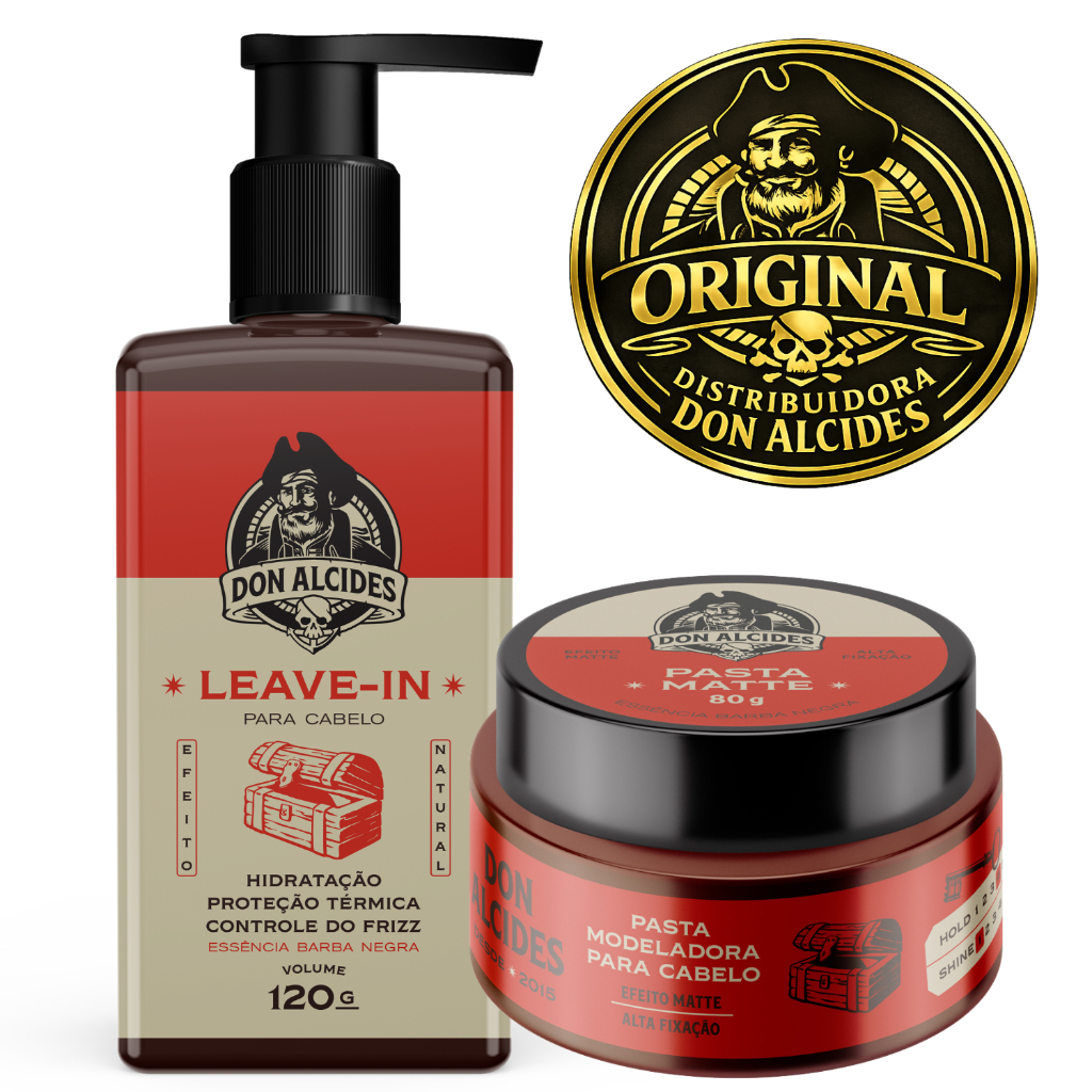 Kit Leave-In e Pomada Modeladora p/ Cabelo Masculino - Barba Negra Don Alcides Creme Sem Enxague