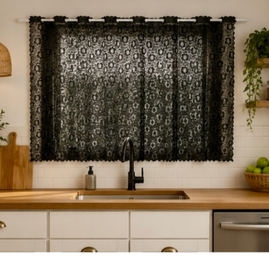 Cortina Para Janela De Cozinha Renda Preta 1,80x1,40 Elegante