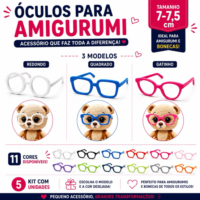 Óculos Para Amigurumi e Boneca Crochê 7-7,5cm Kit 5 Unidades 3 Modelos 11 Cores