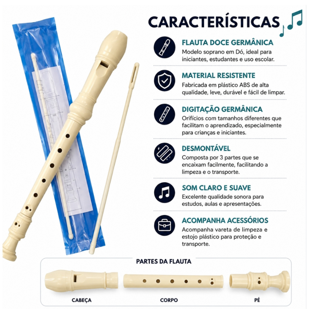 Detalhes do Flauta Doce Soprano Germânica Yin's Paper Plástico Creme Bege Iniciante Com Estojo