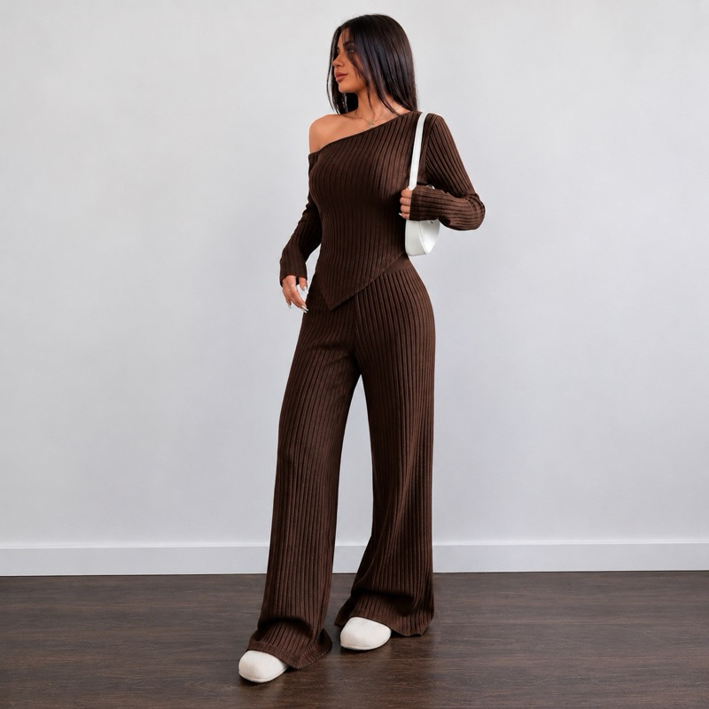 Conjunto Mila Feminino Blusa Assimétrica Manga Comprida  + Calça Pantalona Malha Ribana Moda Inverno