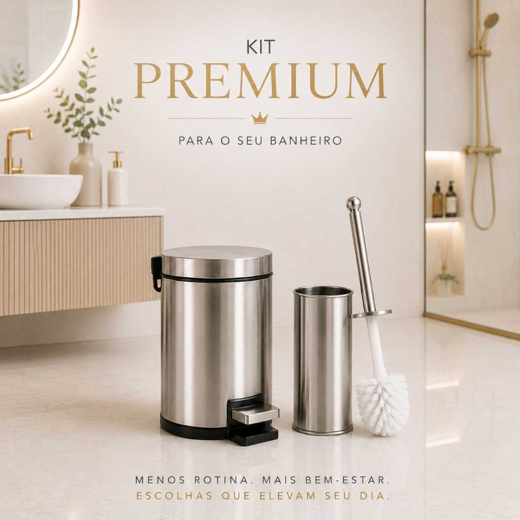 Kit Lixeira E Escova Sanitaria Inox 5 Litros Premium Com Pedal Cesto Interno Removível Para Banheiro
