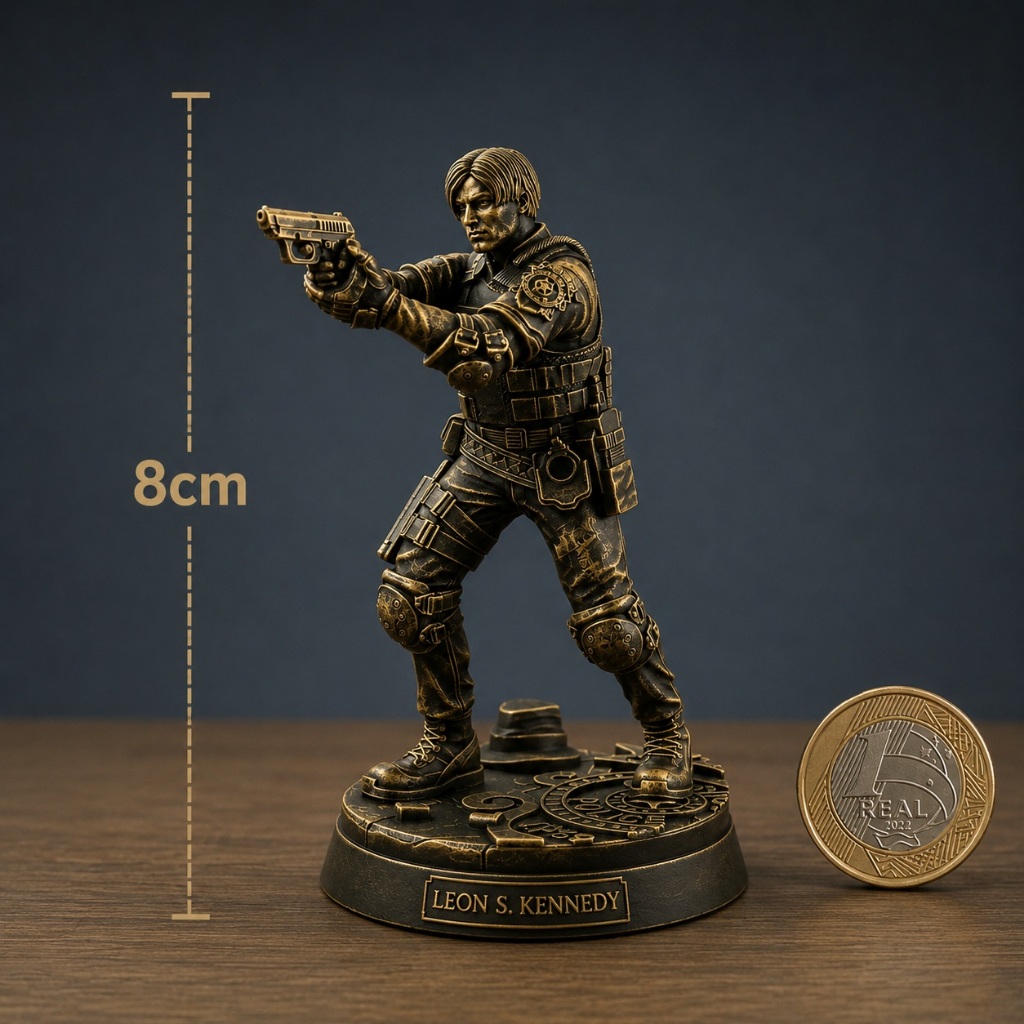 Estatueta Leon S. Kennedy / Resident Evil 2 - Estilo bronze envelhecido - Impressão 3D em resina!