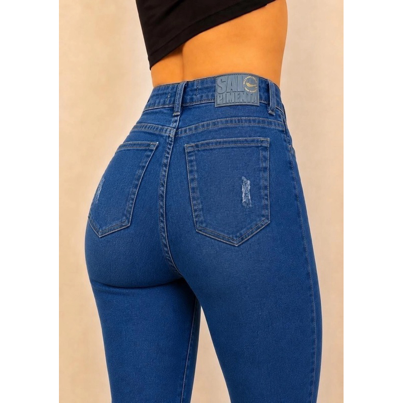 Calça Jeans Sal e Pimenta Cintura Alta Com Elastano Linha Premium  Simples  Casual  Jeans  Botão  Bolso  Rasgado
