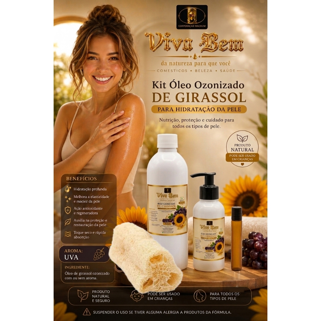 Kit Óleo Ozonizado de Girassol Hidratante Corporal Pele Macia Nutrição e Hidratação Profunda