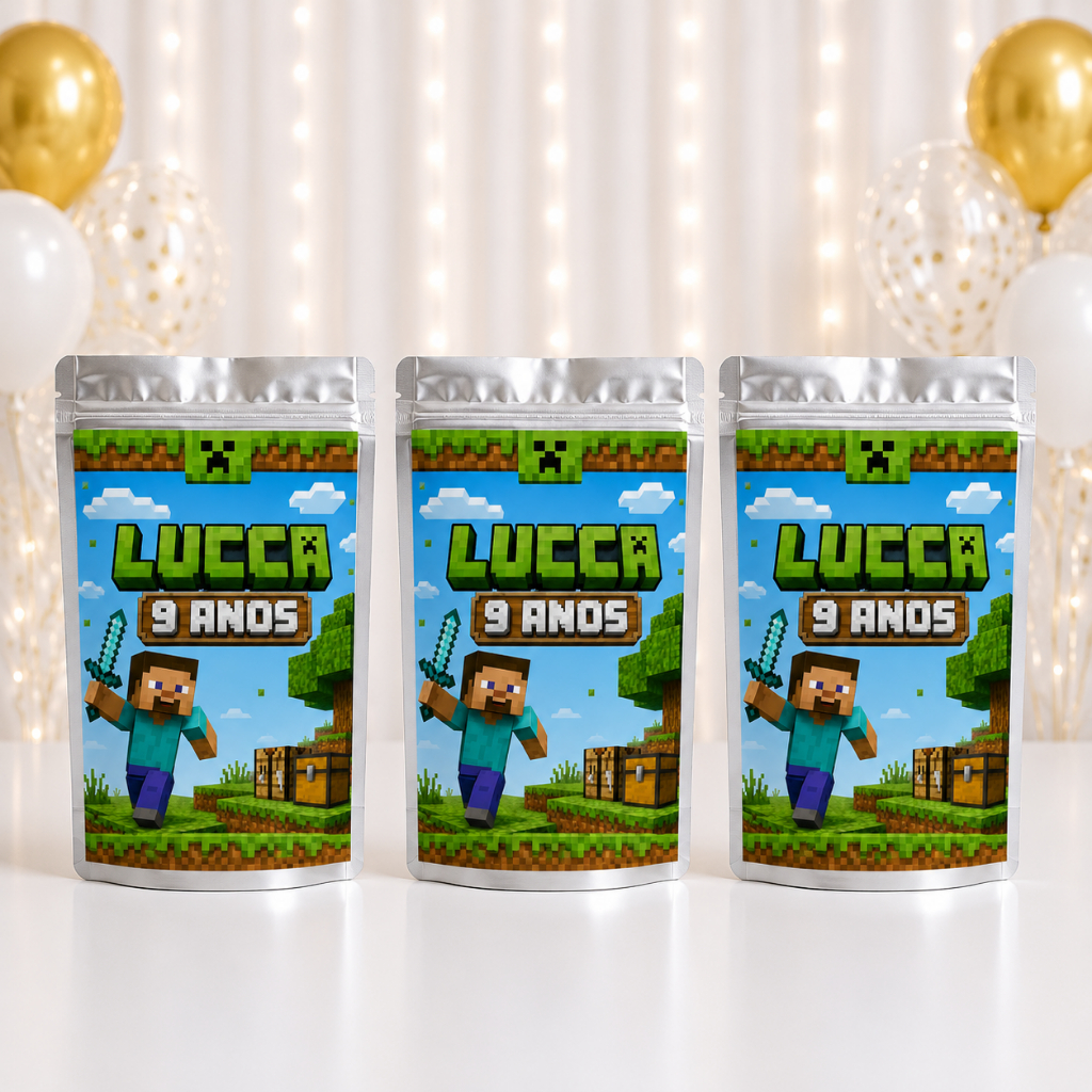 Saquinho Metalizado Ziplock MINECRAFT Personalizado /Lembrancinha de Festa /Aniversário