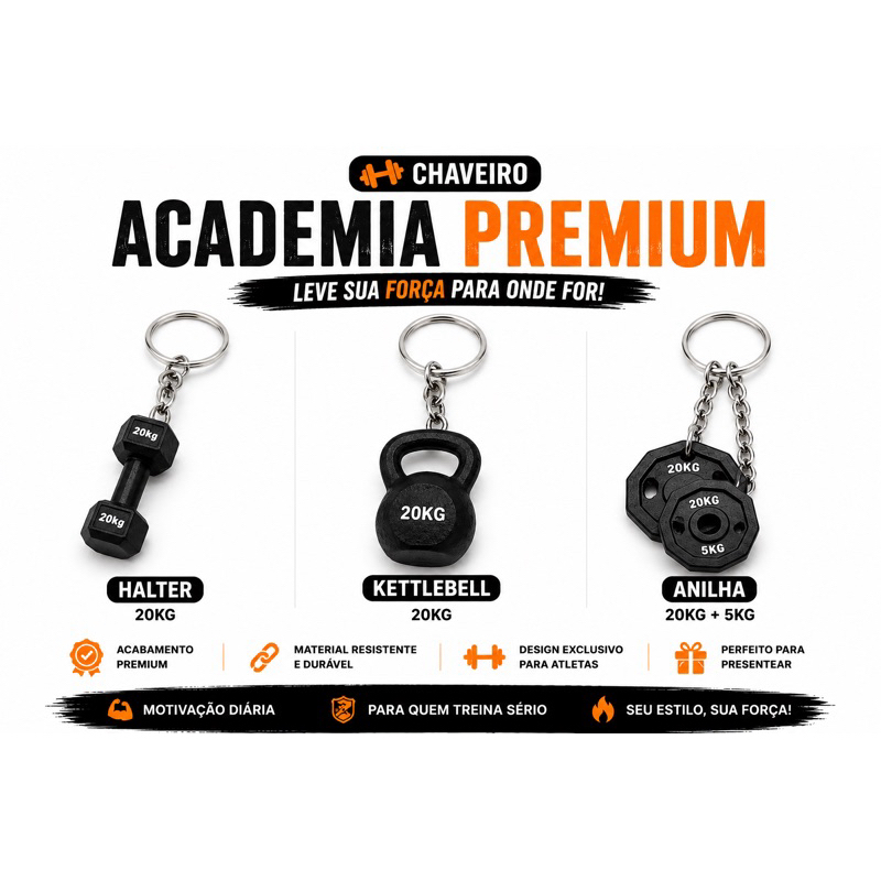 Kit Chaveiros Academia 3 Modelos | Halter + Kettlebell + Anilha | Presente Fitness | Impressão 3D