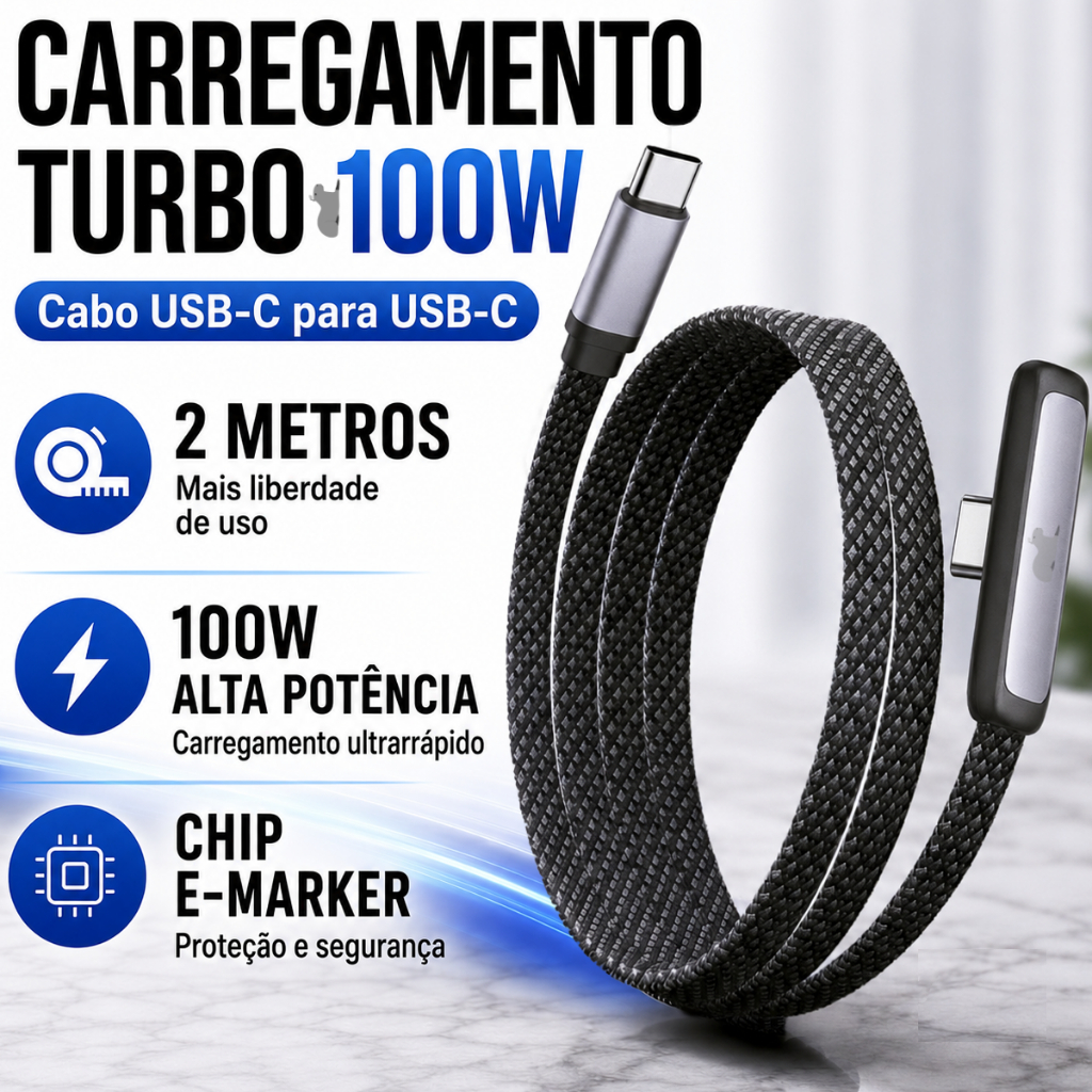 Cabo Tipo C 2m Turbo 100W 90 Graus Reforçado Carga Rápida e Dados para Notebook Tablet Smartphone