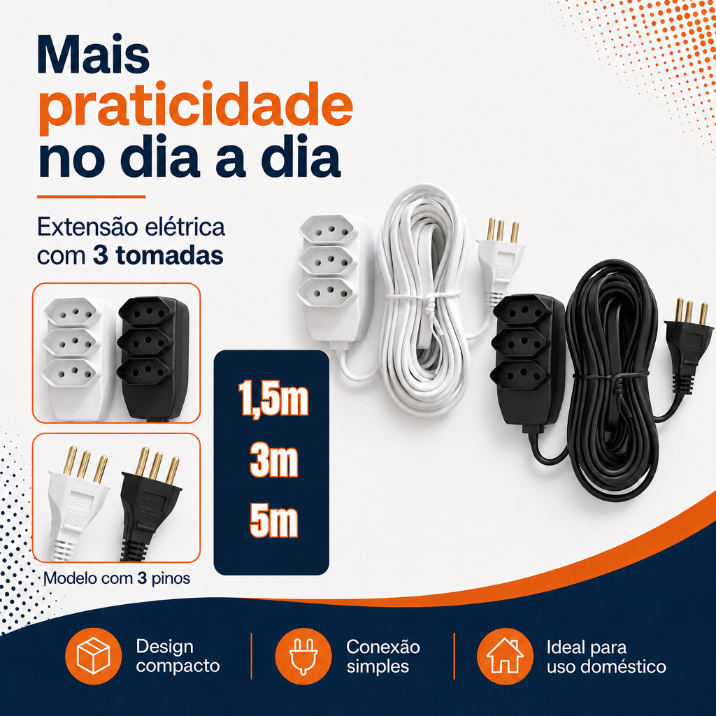Extensão Elétrica 1,5m (Preto ou Branco) cabo PP 2P+T c Fio Reforçado 3 Tomadas Tripolar Bivolt 10A