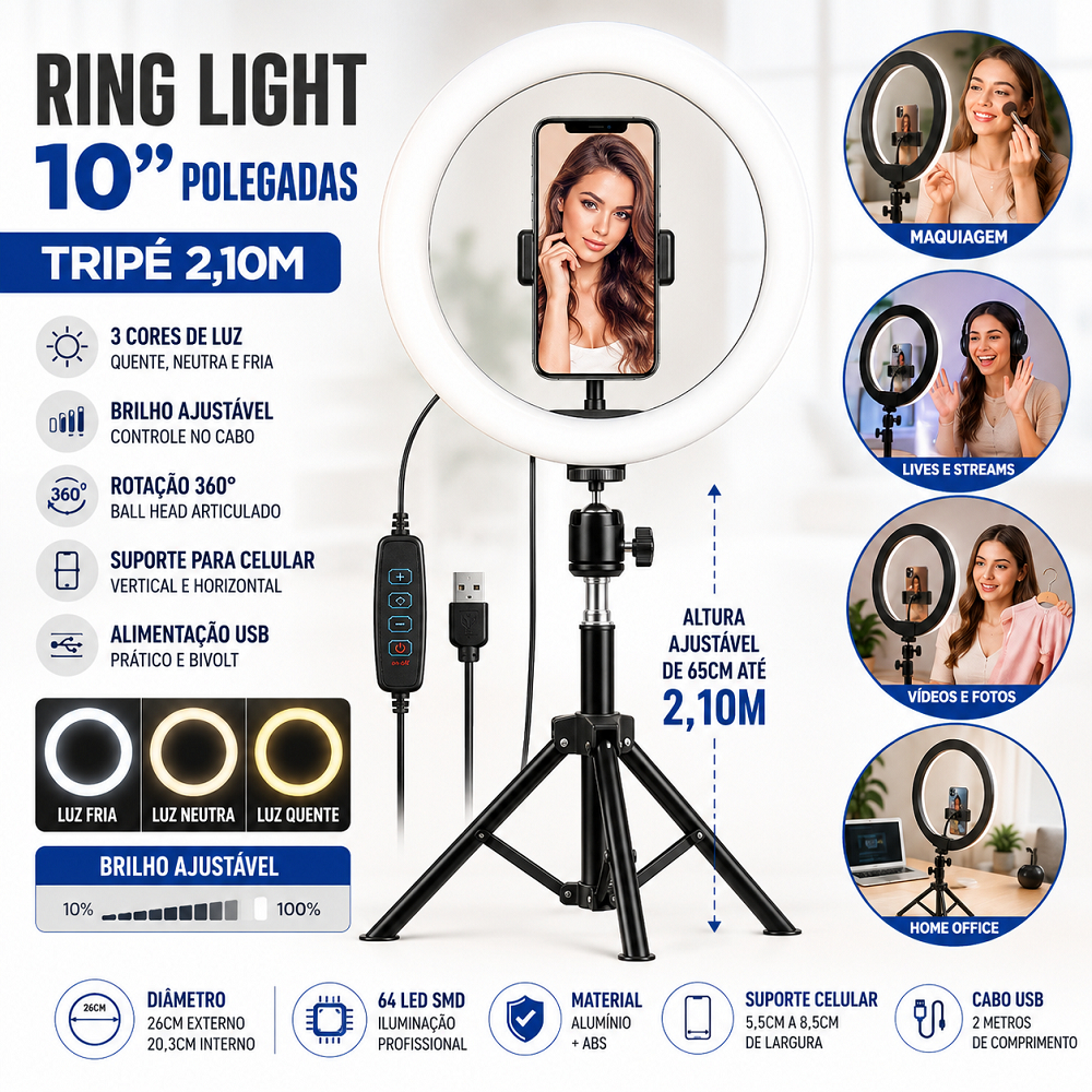 Ring Light 10 Polegadas Com Tripé 2,10m Suporte Celular LED 3 Tons De Luz Ajustável Para Vídeos Maquiagem