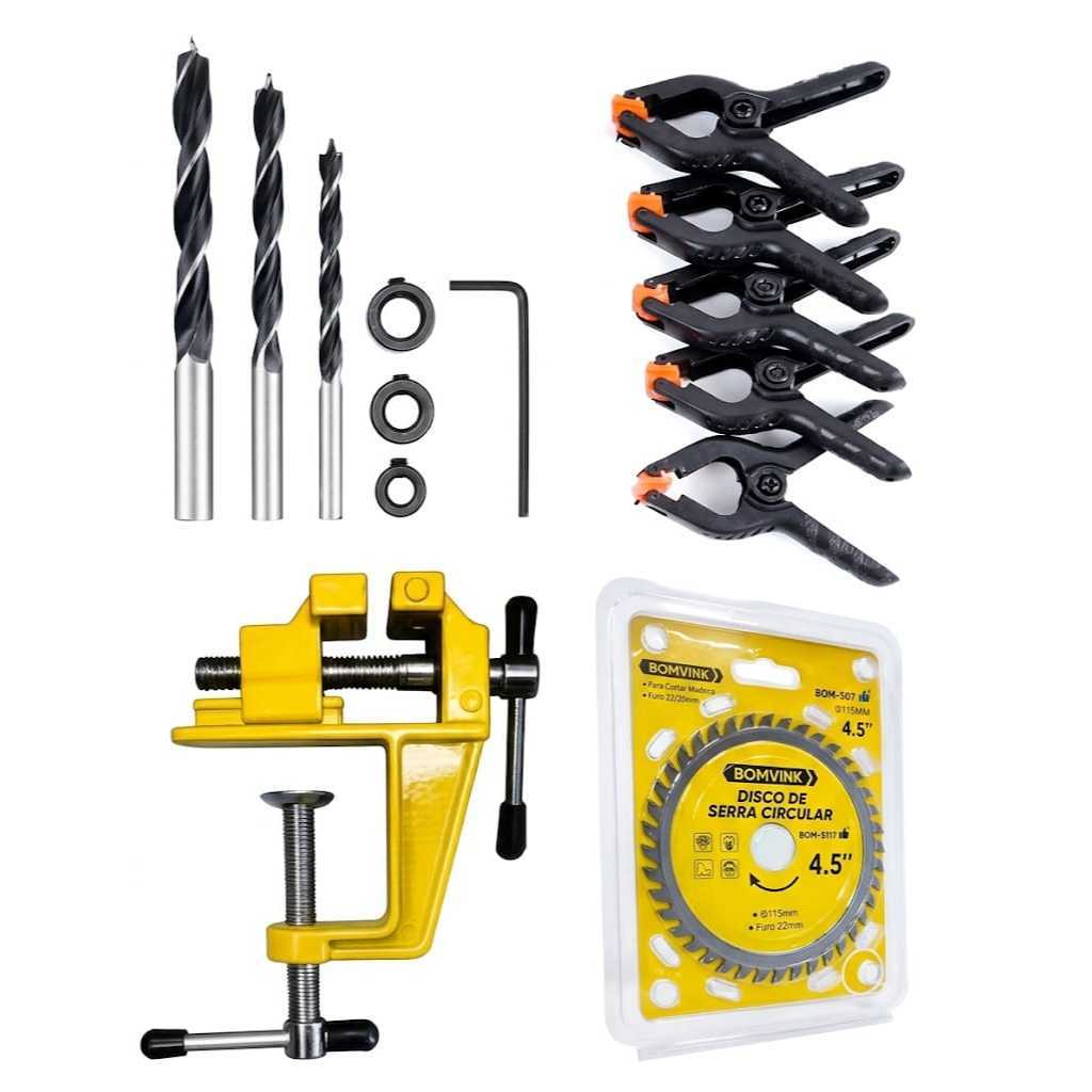 Kit 3 Broca Cavilha + Mini Torno + 6 Grampos Sargento + Disco Serra Circular 4.5 Madeira Mdf