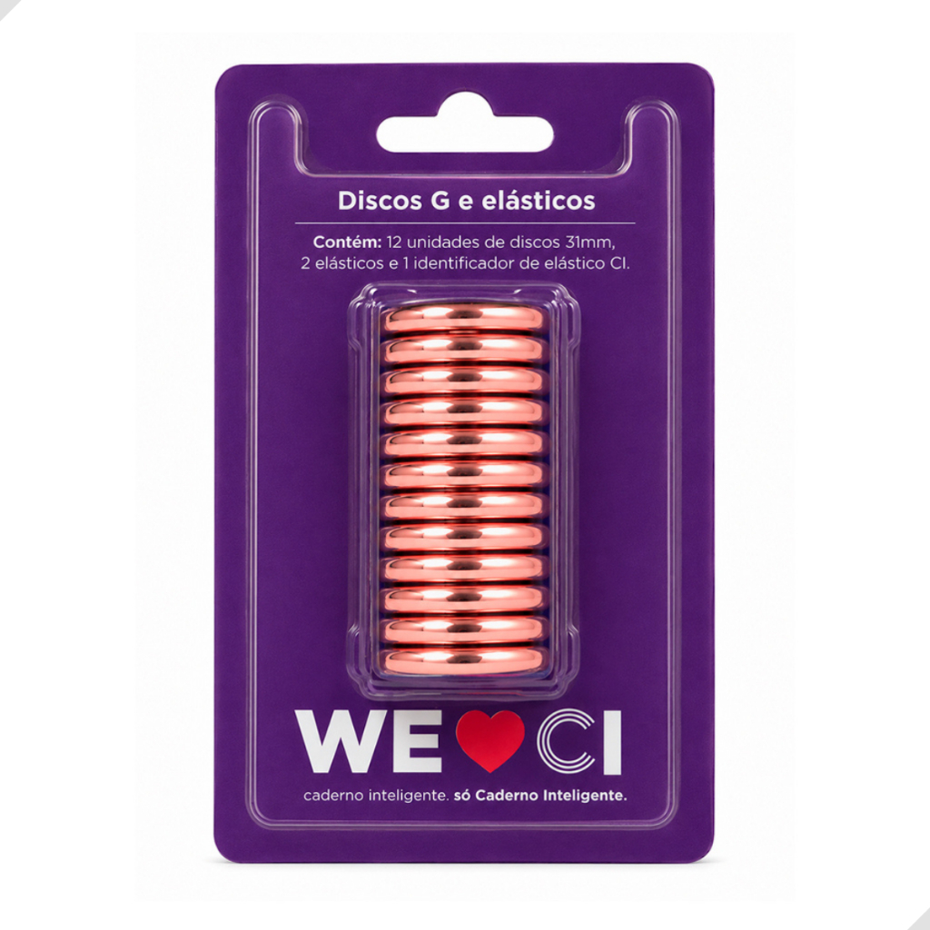 Kit 12 Discos Rosé Gold + 2 Elástico 31mm até 120 Folhas Caderno Inteligente Original Escolar