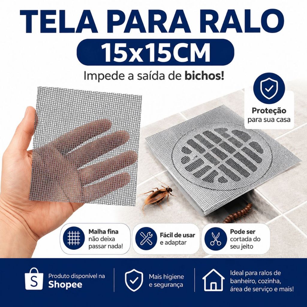 Kit Tela Para Ralo 15x15cm Anti Barata Anti Insetos Malha Reforçada Cortável e Lavável