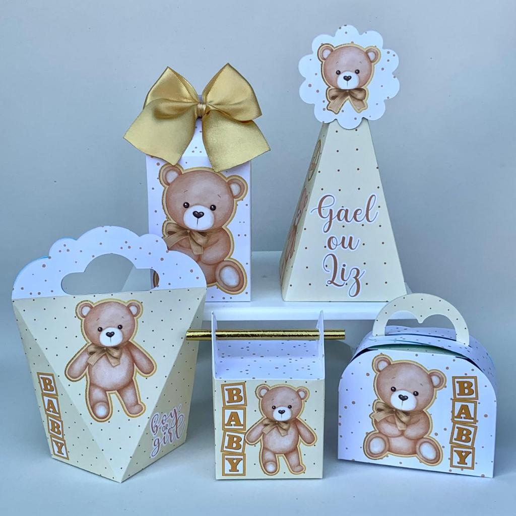 Kit Festa Ursinho Personalizado Chá Revelação Baby | Caixinhas Pegue e Monte com Nome