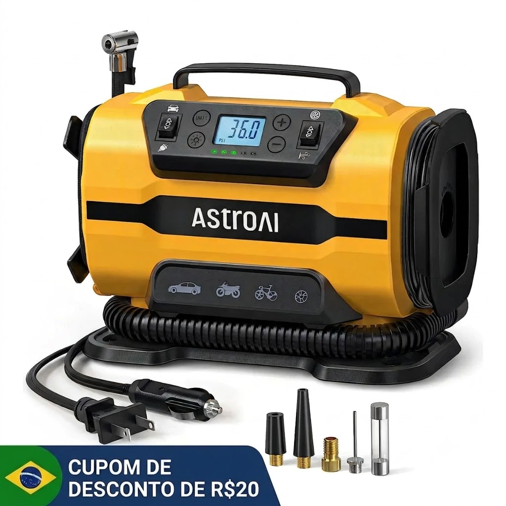 Bomba de Ar Portátil AstroAI 150 PSI 12V/110V Motores Duplos LED para Pneus