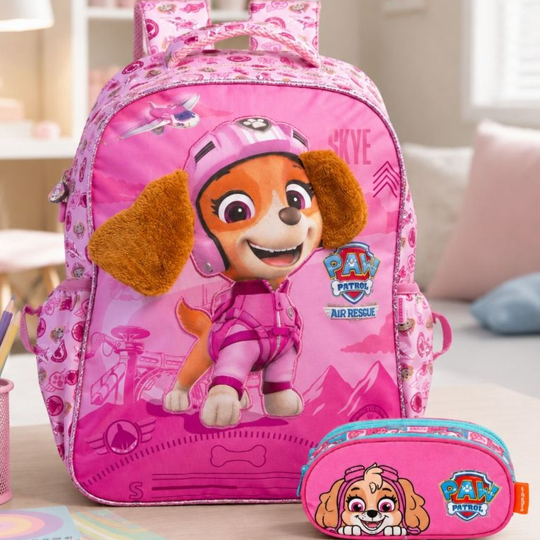 Kit Escolar Infantil Menina Pelúcia Patrulha Canina Paw Patrol Skye Mochila de Costas + Estojo Triplo