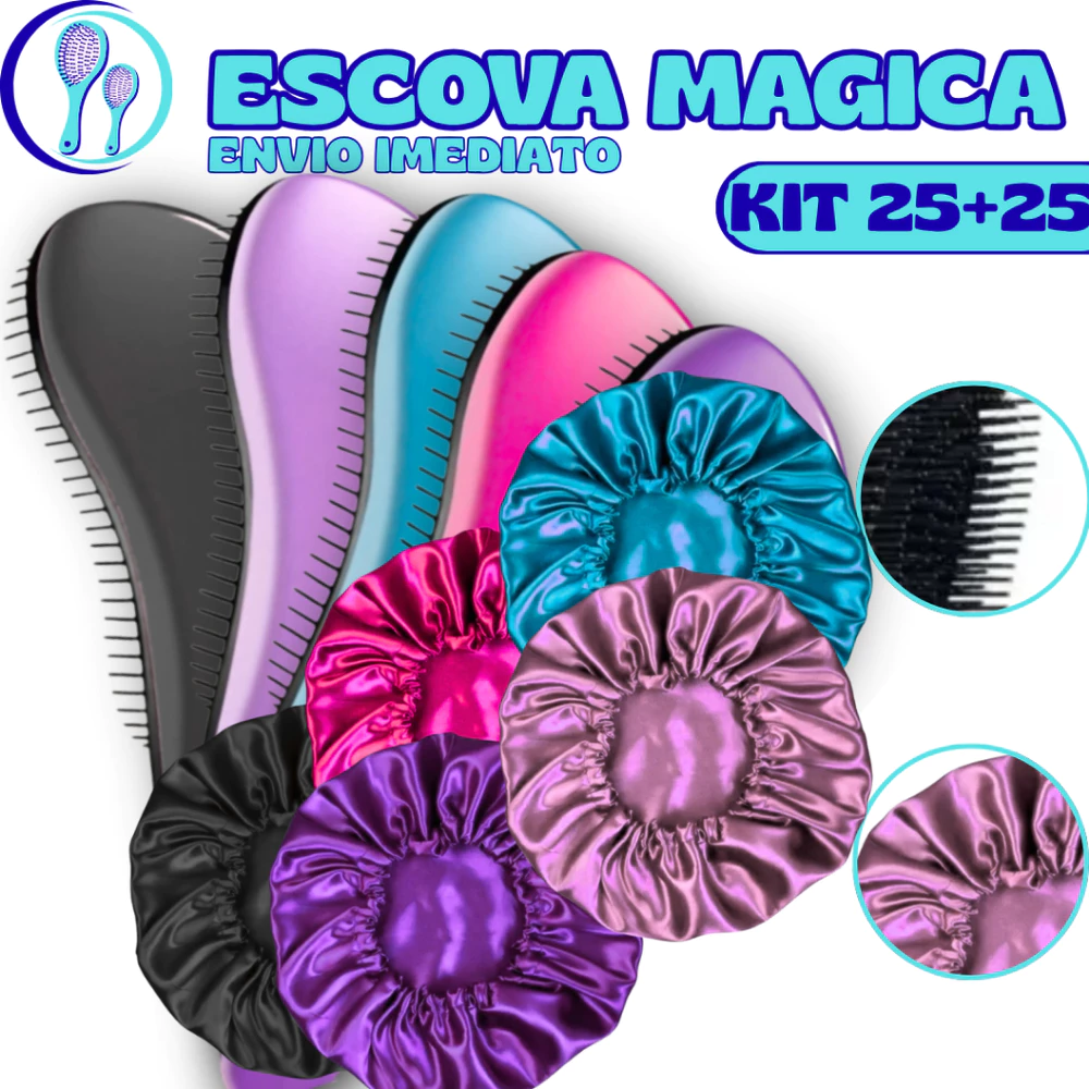 Kit 50 - Kit 25 Touca De Cetim + Kit 25 Escovas Mágicas pra cabelo - Anti Frizz - De Desembaraçar Cabelo