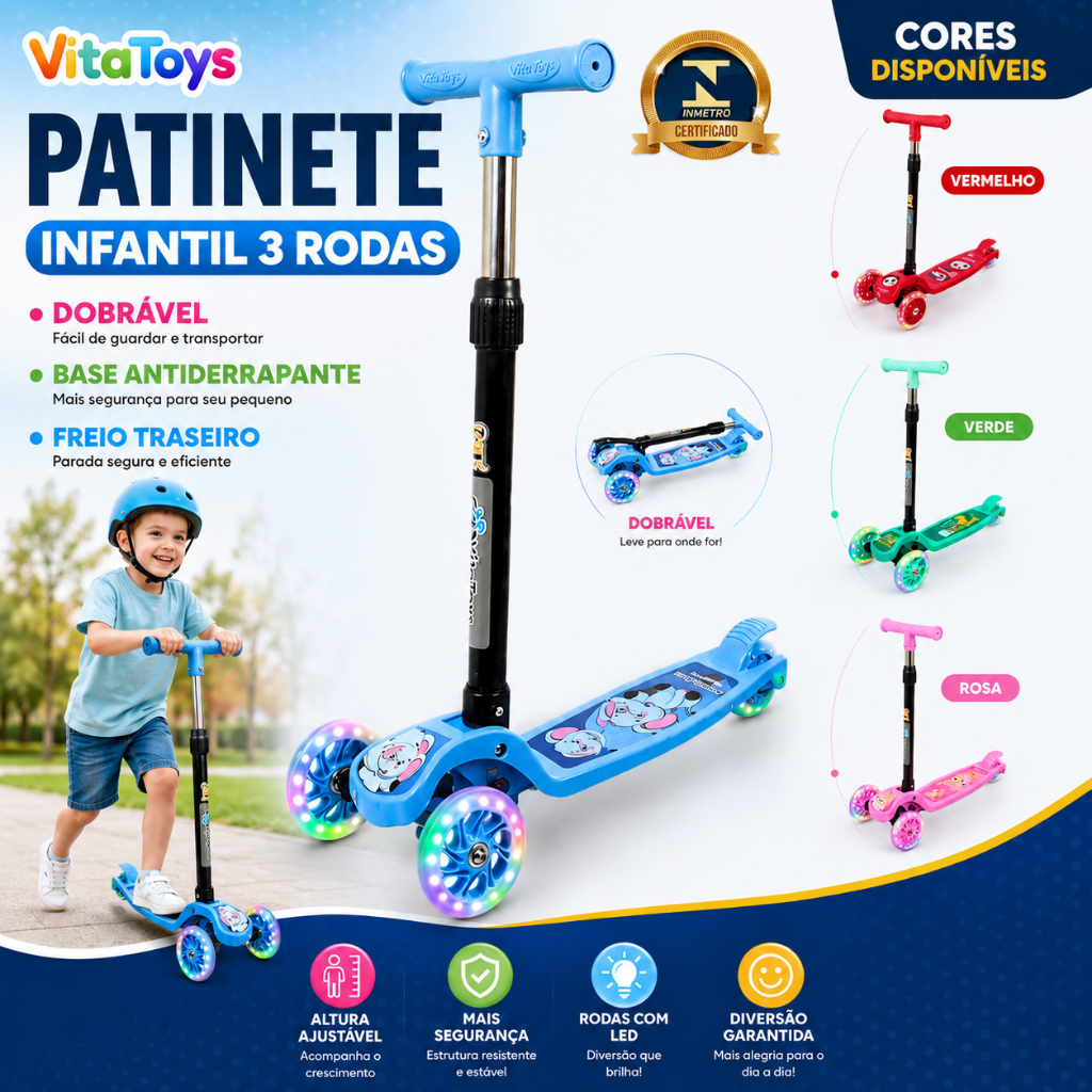 Patinete Infantil 3 Rodas c/ Led Luzes Dobrável Ajustável Menino Menina