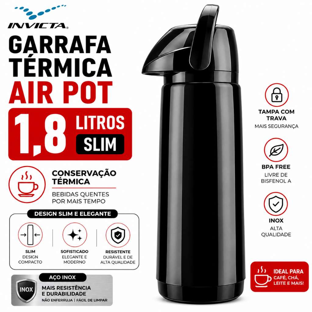 Garrafa Térmica Para Café Chá Air Pot Inox New 1.8 Litros Litros Slim Marca Invicta Alta Qualidade