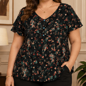 [Brechó] Blusa Feminina Floral Preta Manga Curta Com Babados Botões Frontais Romântica Bazar Desapego Achadinhos