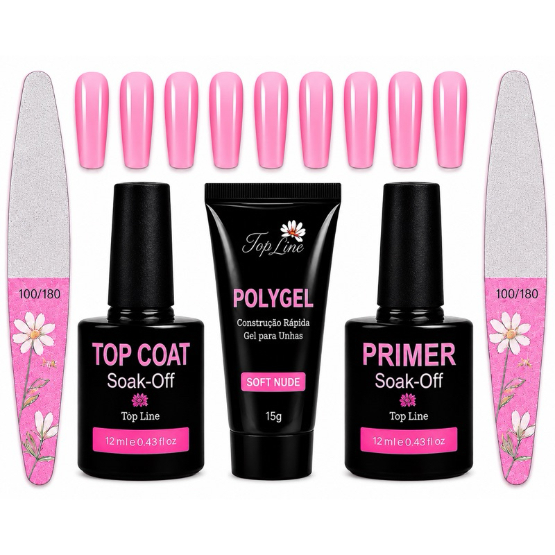 kit de Unhas Polygel Iniciante Alongamento de Unhas Manicure Top Coat Primer Lixa Moldem F1 Poligel