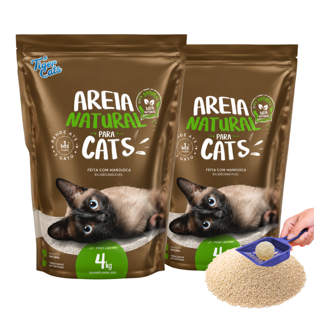 Kit 2 Areia Sanitária Higiênica pra Gatos Natural 100% Mandioca Biodegradável Tiger Cats 4kg Natural