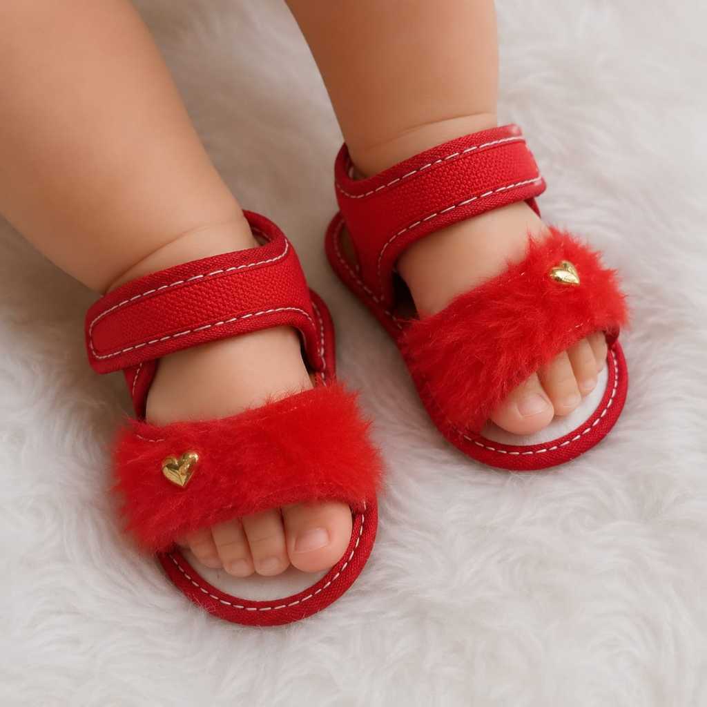 Sandália Infantil Para Menina PELÚCIA Para Bebes Menina Coração Pelinho Macio Inverso Verão