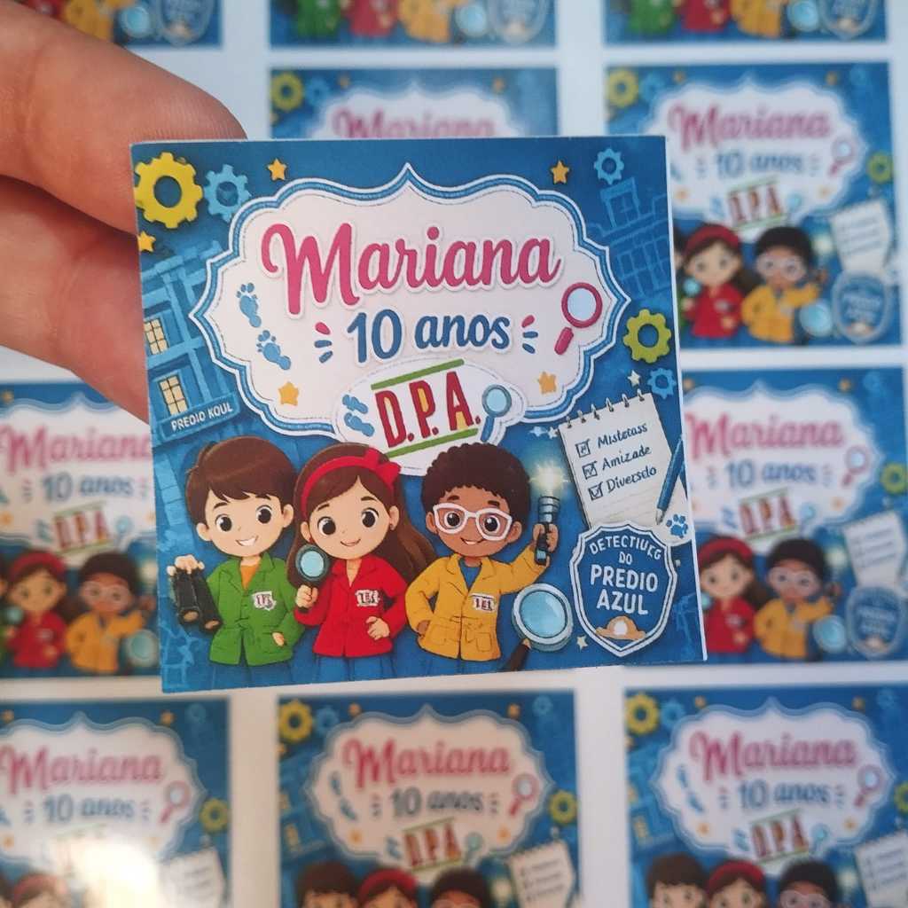Cartela Adesivos Quadrado 5x5 Personalizado Nome e Idade Festa Infantil DPA Detetives do Predio Azul