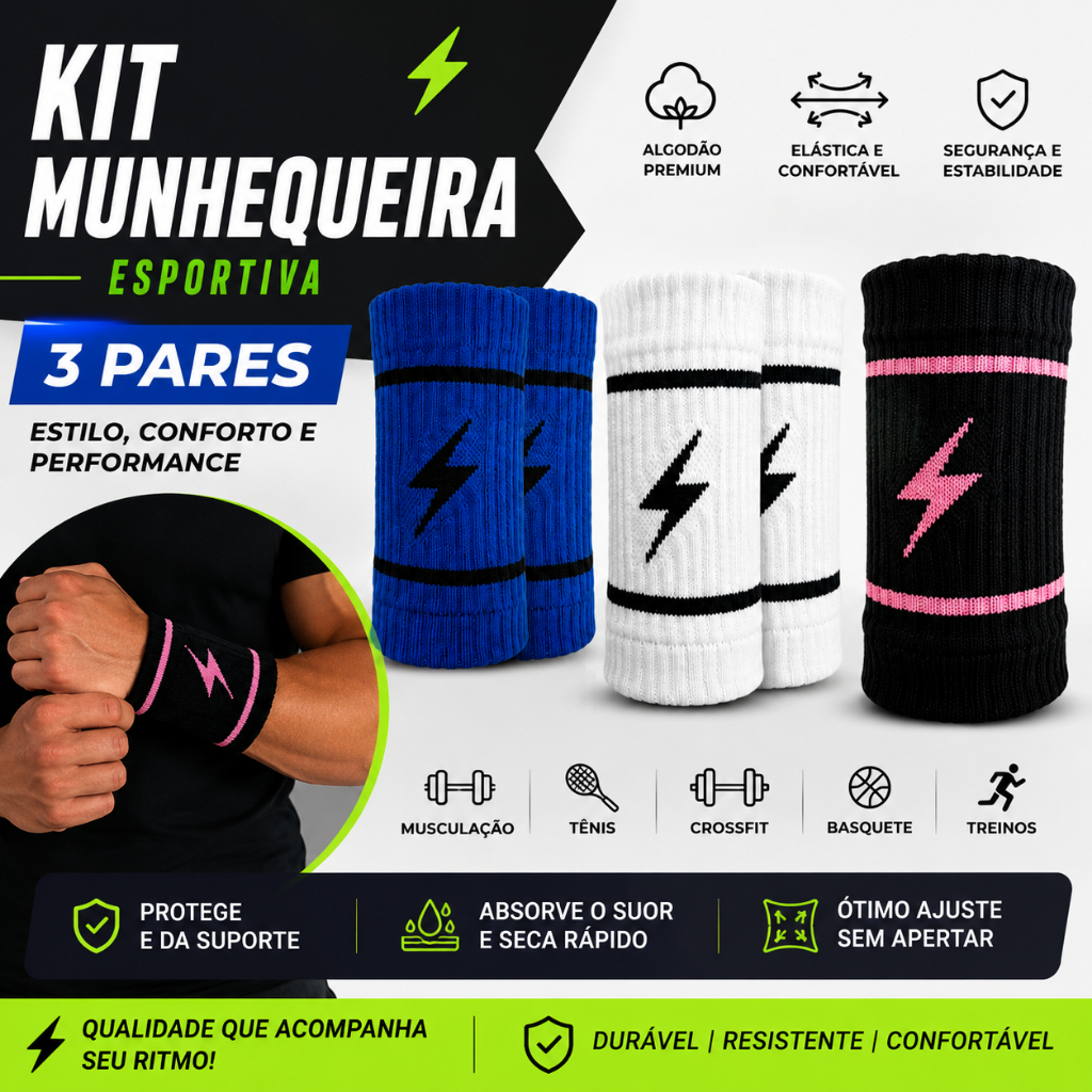 kit com 3 Pares de Munhequeira seca suor, par - beach tennis / Tênis / Crossfit / Handebol