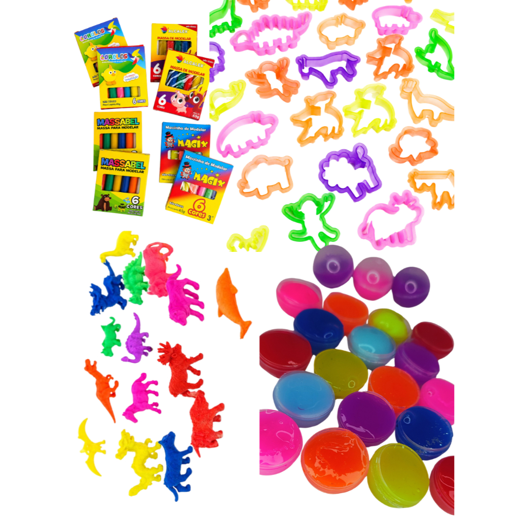 10 Massinha Modelar+10 Forminha+10 Slime+10 Bicho Cresce Agua Kit Festa Lembrancinha P/ Aniversario