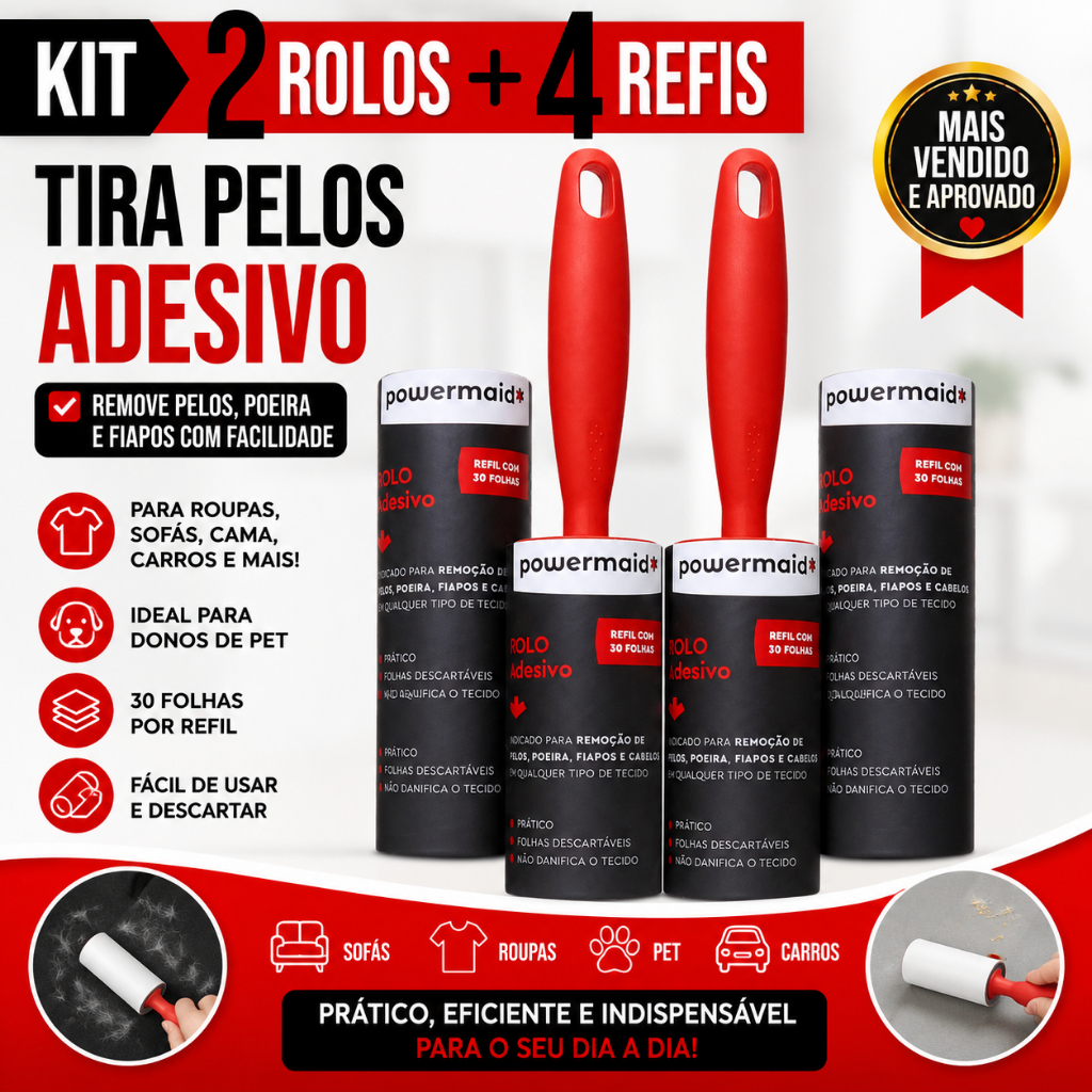 Kit 2 Rolo Adesivo 4 Refil Tira Pelos Bolinha Fiapos Roupa Total 180 Folhas Camesa