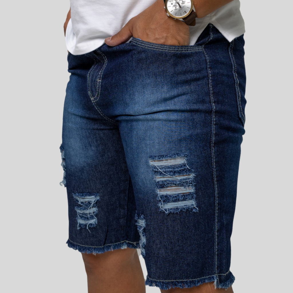 Bermuda Masculina Jeans Azul Escuro | Jeans Masculino Rasgado Destroyed - 36 a 48 Festa Junina