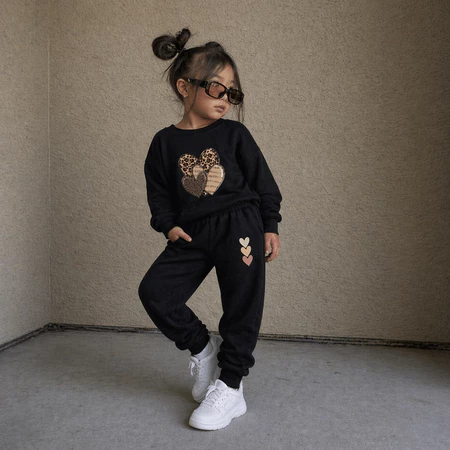 Conjunto Moletom Infantil Agasalho Inverno Fofo Menina Estiloso Onça E Coração Quentinho Premium Sem Capuz