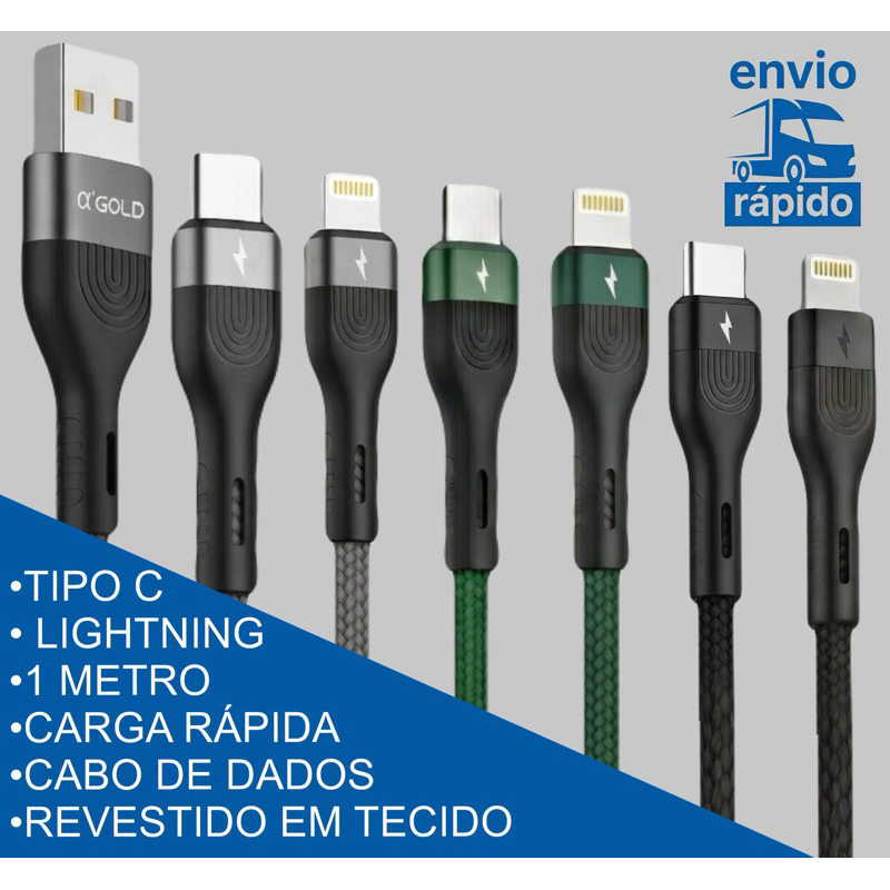 Cabo Carregador 1 Metro Tipo C Android Turbo Lightning Iphone USB Resistente Carga Rápida 1M Potente Revestido em Tecido