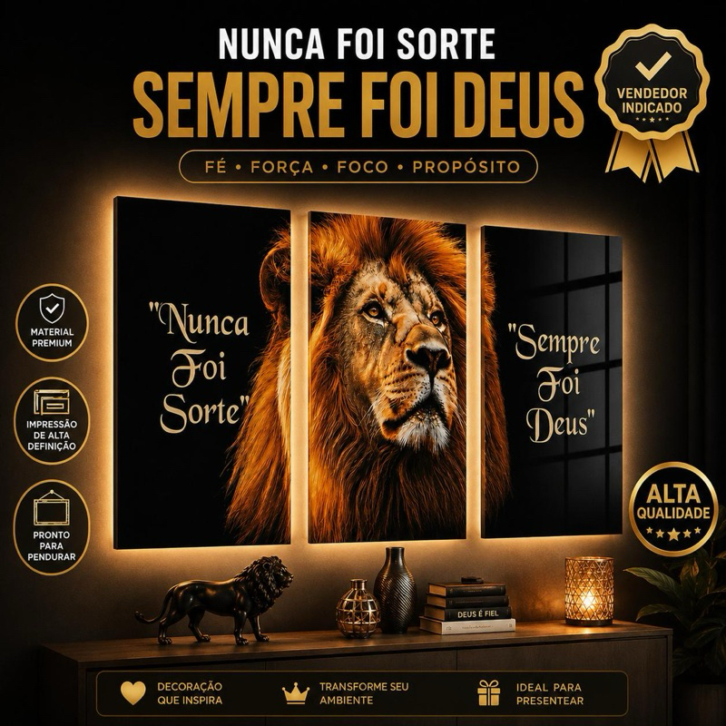 Kit 3 Quadros Decorativos Frase Nunca Foi Sorte Sempre Foi Deus Leão de Judá Salmo Religioso Mosaico