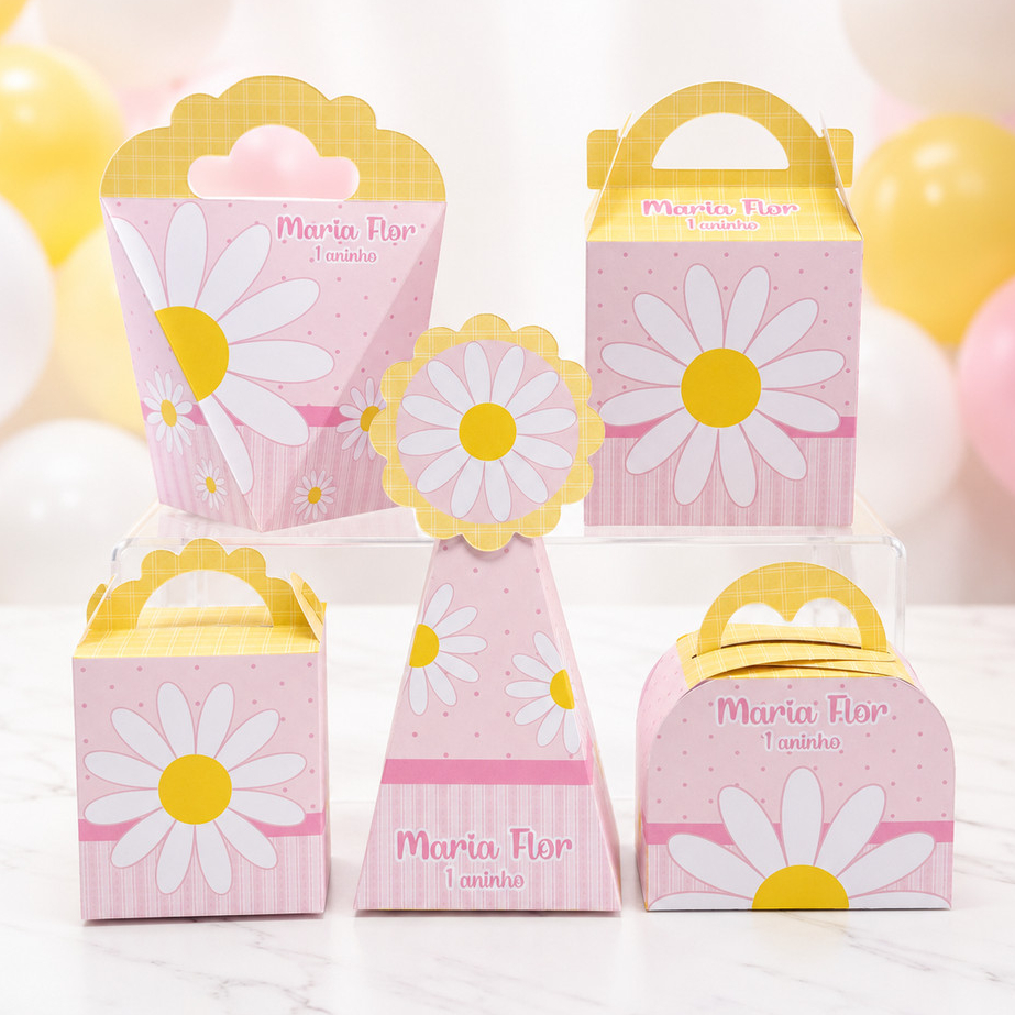 Kit festa caixas Personalizadas Margaridas Rosa Lembrancinhas de aniversário - PEGUE E MONTE
