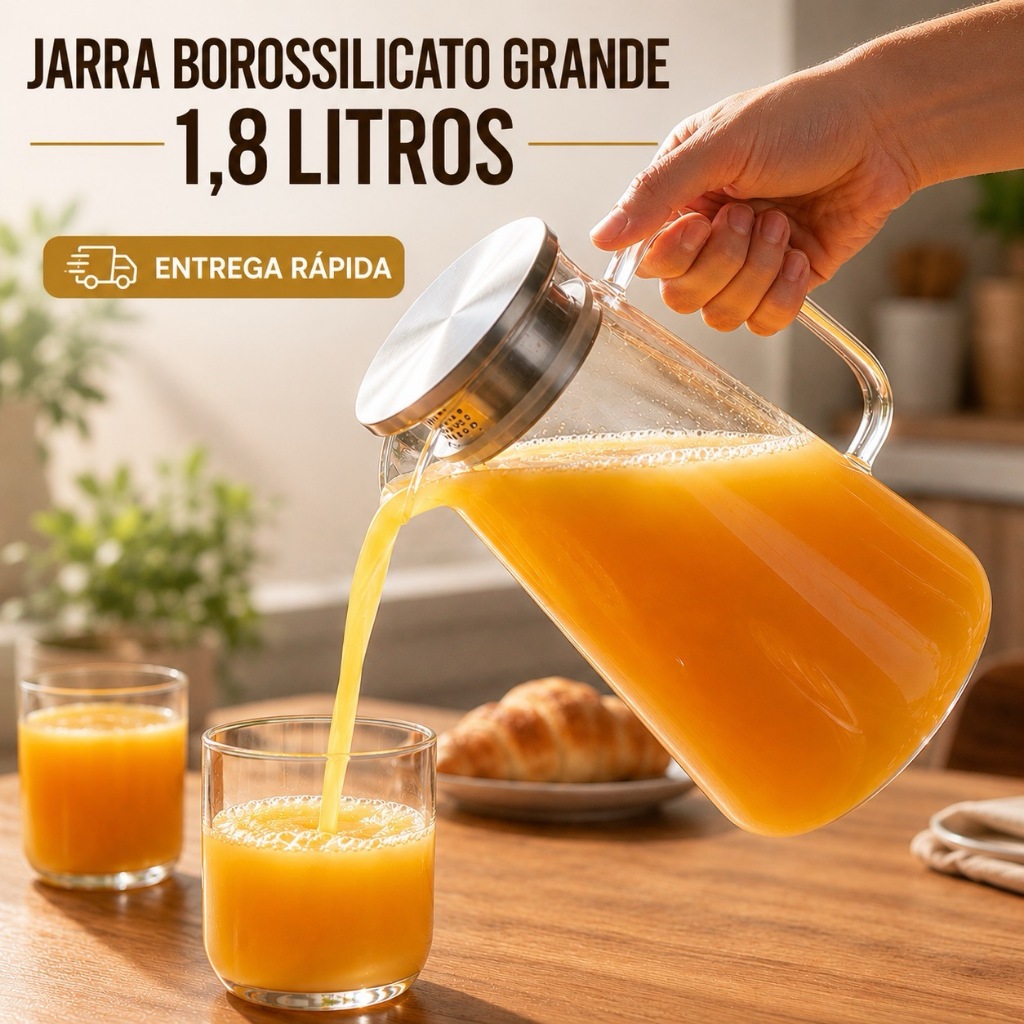 Jarra Premium Vidro Borossilicato C/ Tampa Inox 1,8L - Coador Suco Chá Drinks