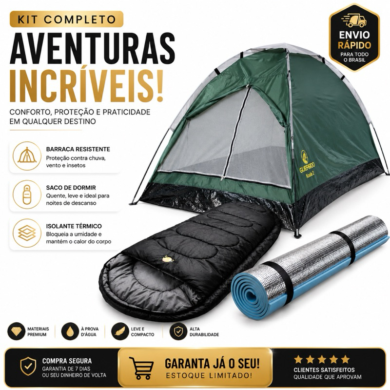 Kit Completo para Acampamento Barraca 2 Pessoas + Saco de Dormir + Isolante Térmico Camping Trilha Trekking Aventura