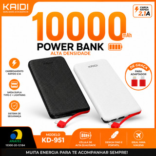 Carregador Portátil Power Bank Kaidi 10000mAh Turbo + Adaptador Original