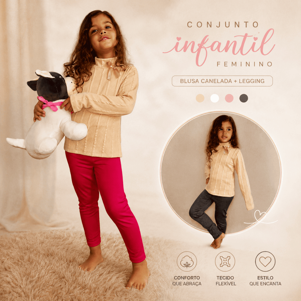 Conjunto Diva Infantil Feminino – Camisa Manga Longa em Malha com Legging Térmica Quentinha