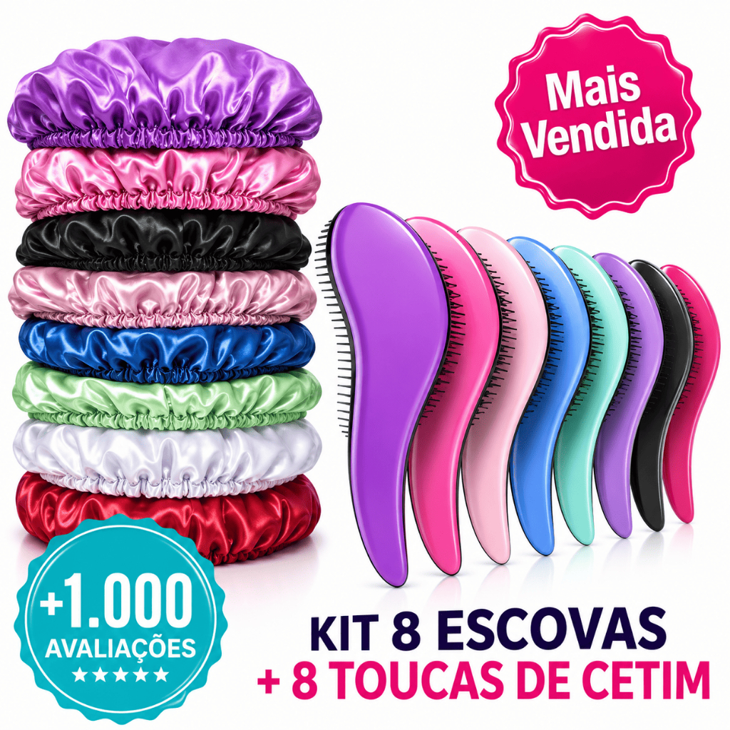 Kit 8 Toucas de Cetim simples + 8 Escovas Mágicas Antifrizz | Proteção e Definição dos Cachos