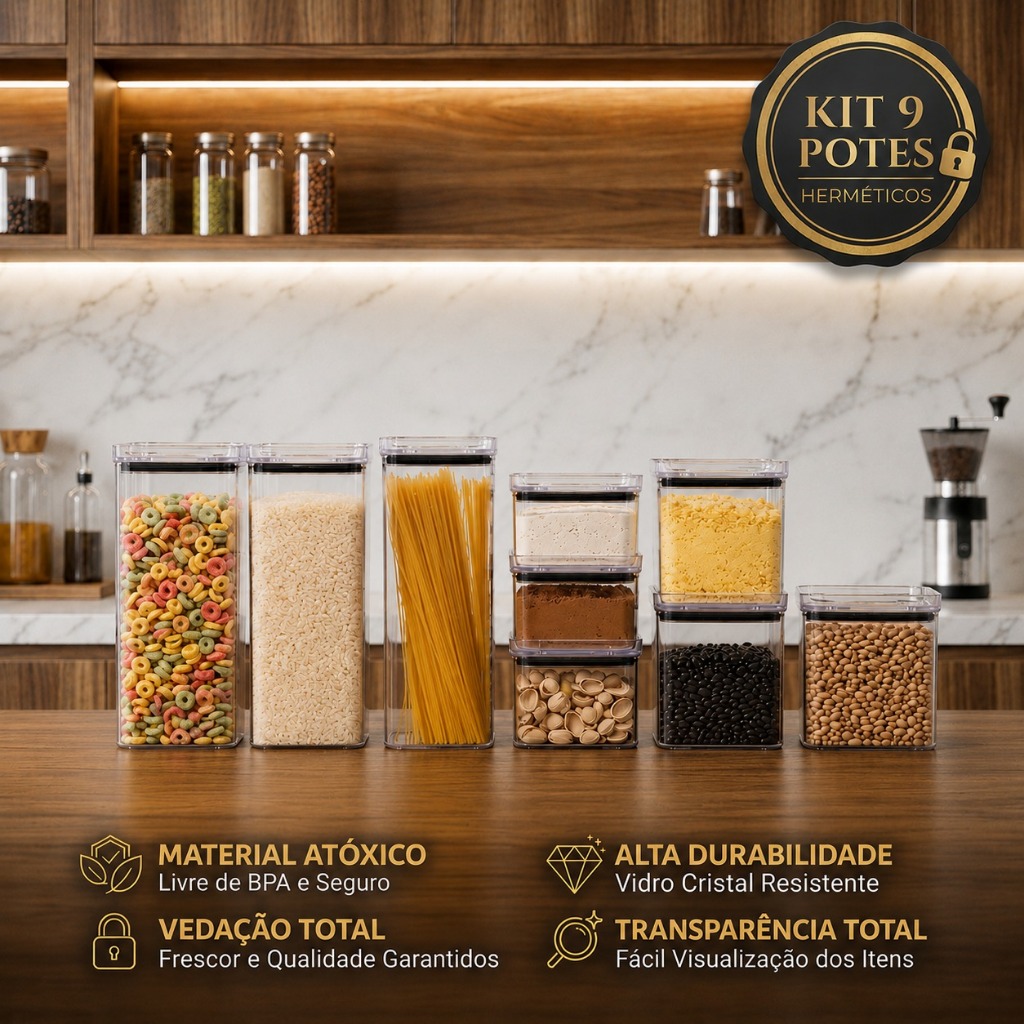 KIT 9 POTES HERMÉTICO TRANSPARENTE QUADRADO PARA PORTA MANTIMENTO COZINHA