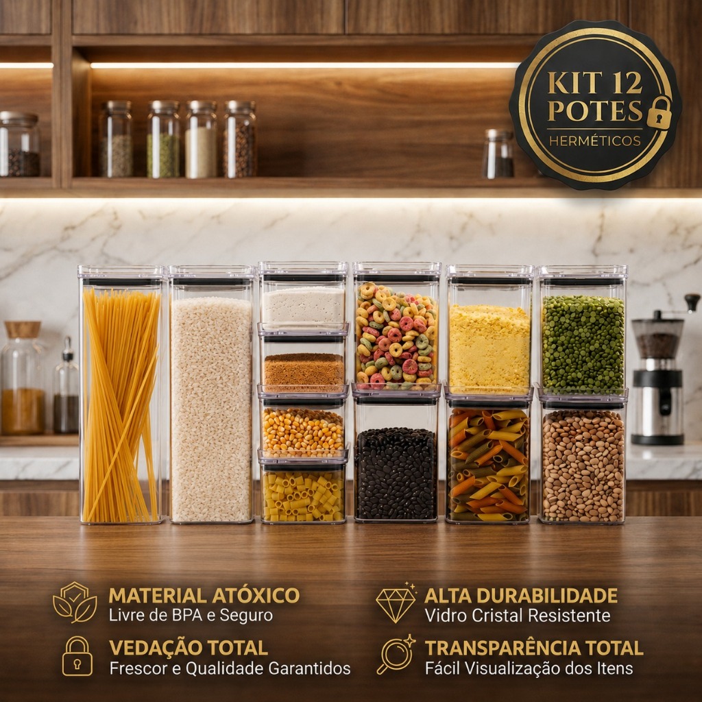 KIT 12 POTES HERMÉTICO TRANSPARENTE QUADRADO PARA PORTA MANTIMENTO COZINHA