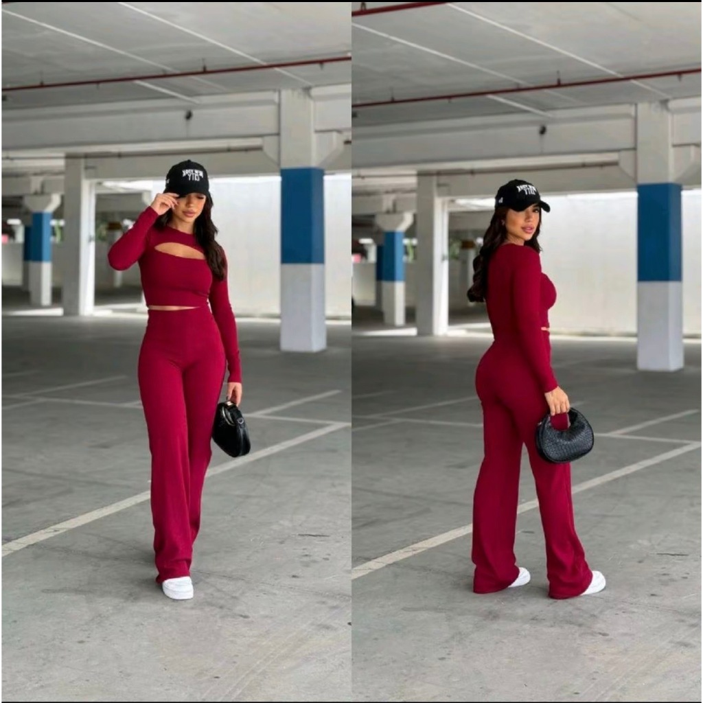 Conjunto Feminino Manga Longa Calça Flare e Cropped Adulto Inverno Frio Quentinho Quente Blogueira Casual Viral Promocao — imagem 2 de 2